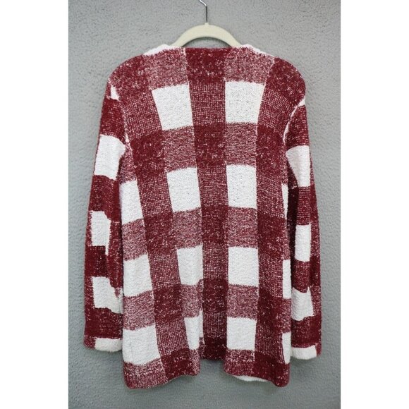 Foxcroft Burgundy White Open Front Cardigan-Size Medium-Picnic Plaid - Picture 7 of 9